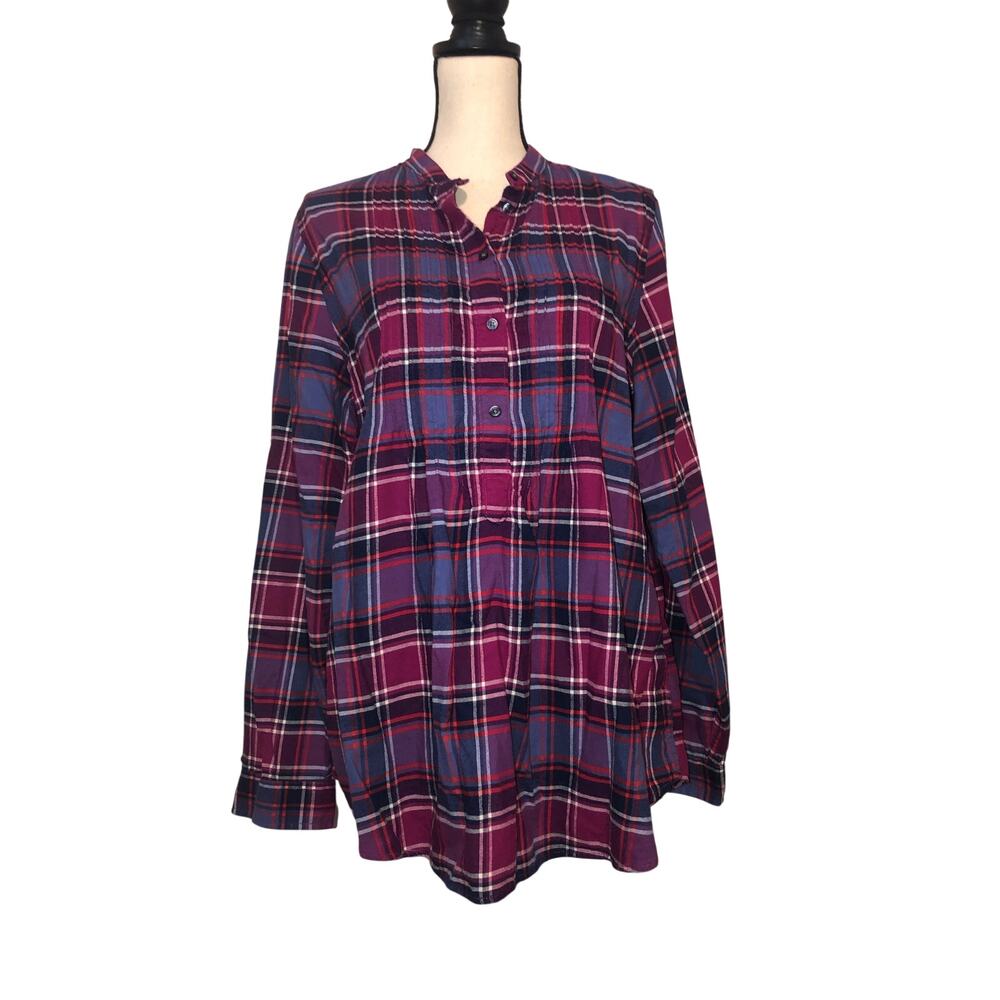 Lands End Flannel Top Size 14T Tall Plaid Purple Blue Pink Roll Tab Sleeves
